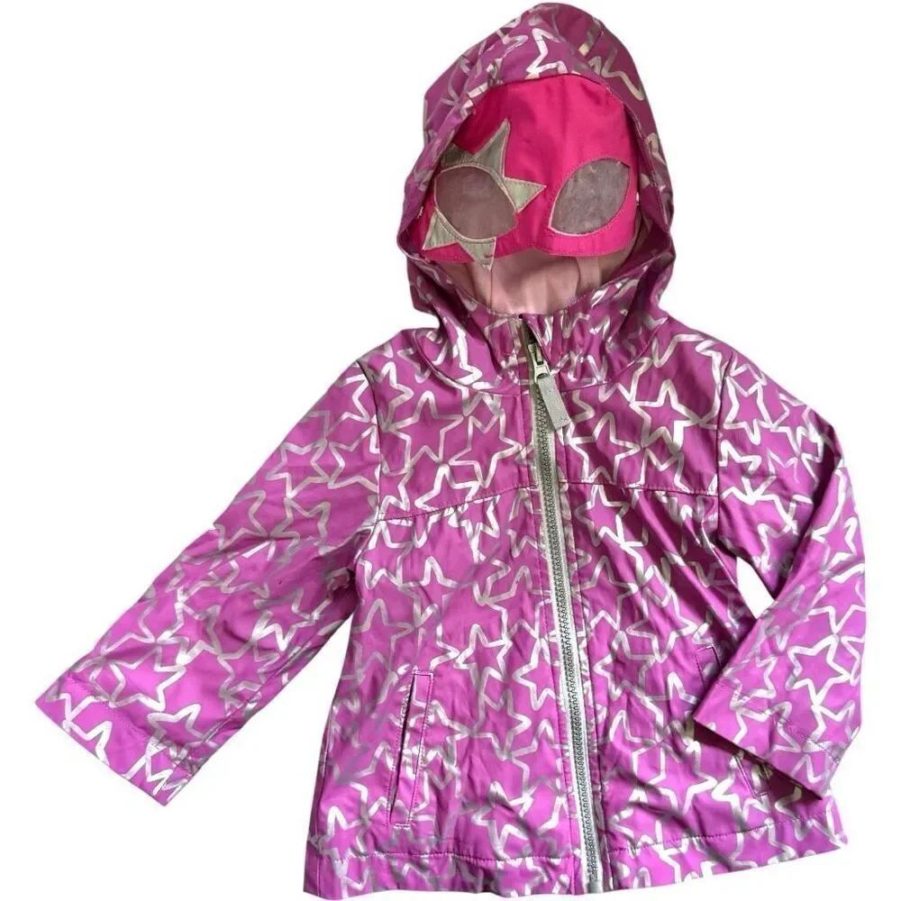 Baby Girls Cat & Jack Purple Silver Stars Super Hero Raincoat Hooded Jacket 12 m